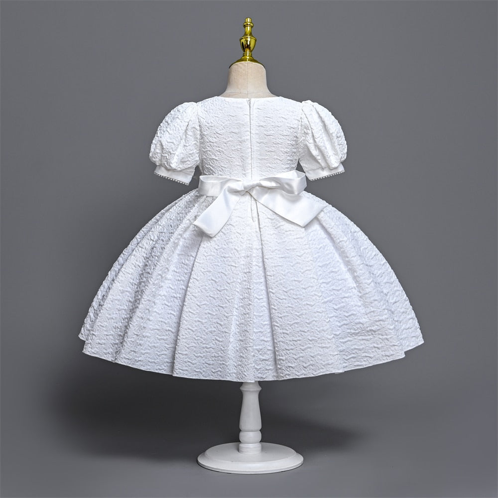 Yoliyolei Pure White Dress for girls Puff Sleeves Ball Gown Elegant Fabric o-neck children clothes girl with Pearls Decoration