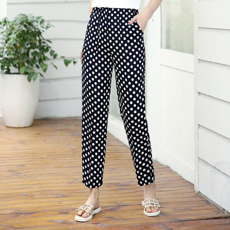 2023 Summer Casual Pencil Pants Women Bottoms Vintage High Waist Pants with Print Elastic Waist Middle Aged Women Trousers