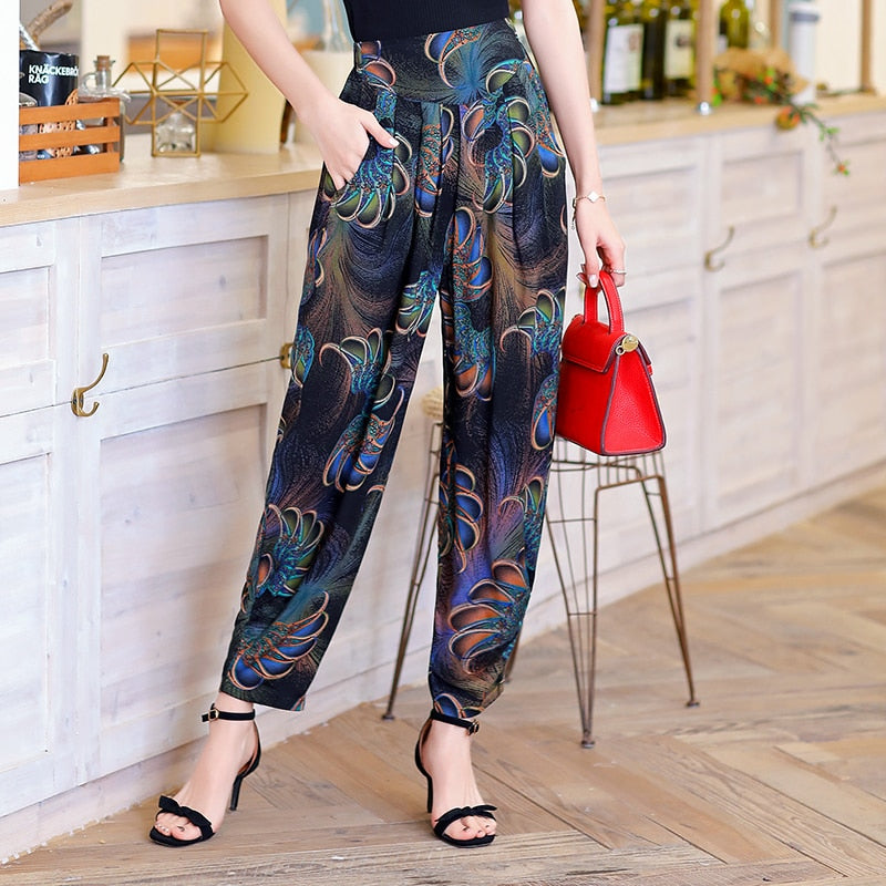 Women Summer Pants 2023 Korean Vintage Striped High Waist Plaid Pants with Print Loose Streetwear Elegant Summer Trousers