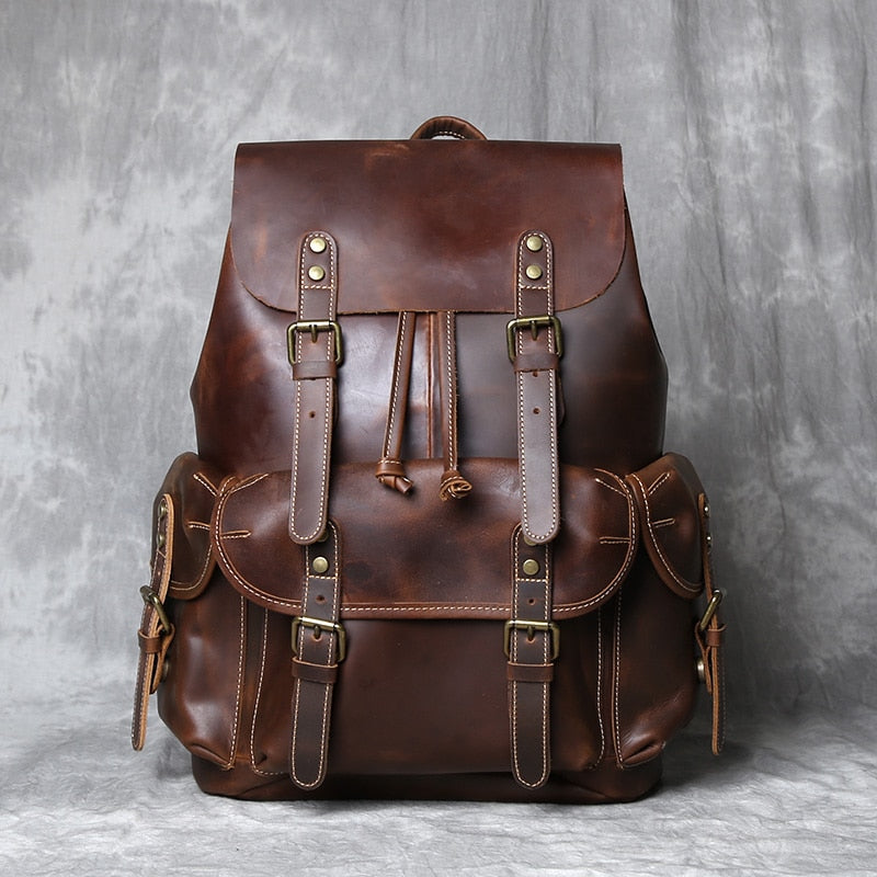 Retro Leather Men&#39;s Backpack Top Layer Cowhide Travel Backpack Large Capacity School Bag Crazy Horse Leather Laptop Bag NZPJ