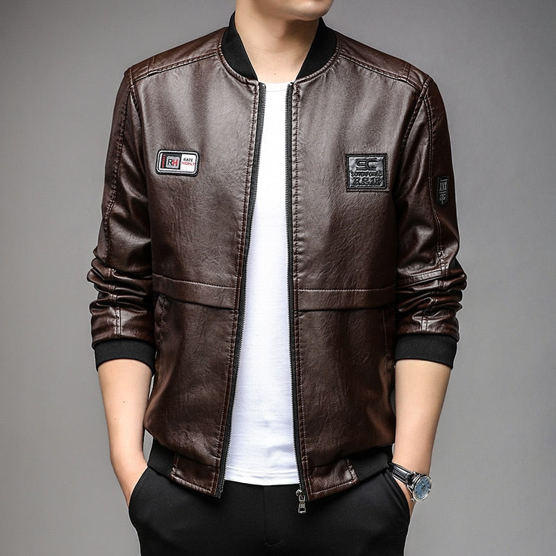 Top Grade New Brand Fall Winter Designer Casual Biker Fashion Faux PU Men Leather Jacket Plain Motorcycle Coats Men Clothing