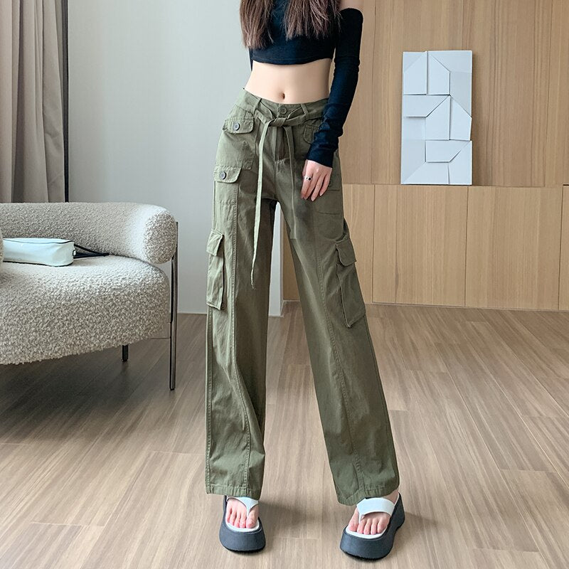 Vintage Cargo Pants Women Casual Pants Autumn New Women Clothing Belt Wide Leg Pants Straight Trousers Basic Soild Pants Women