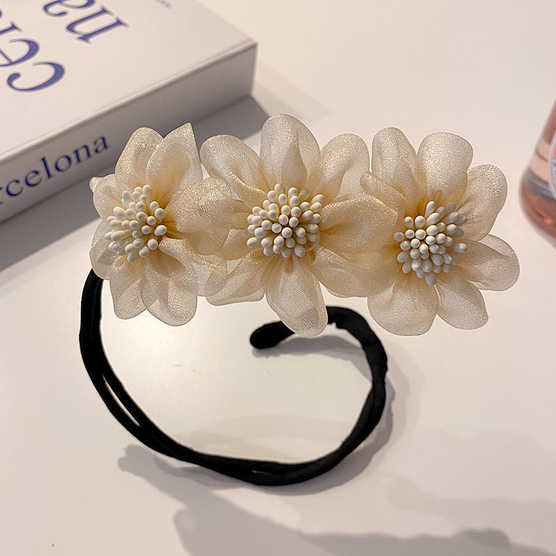 Women Elegant Bud Chiffon Flower Bun Maker Maruko Hairstyle Making Long Tool Sweet Hair Braide Rope Hairbands Korean Accessories