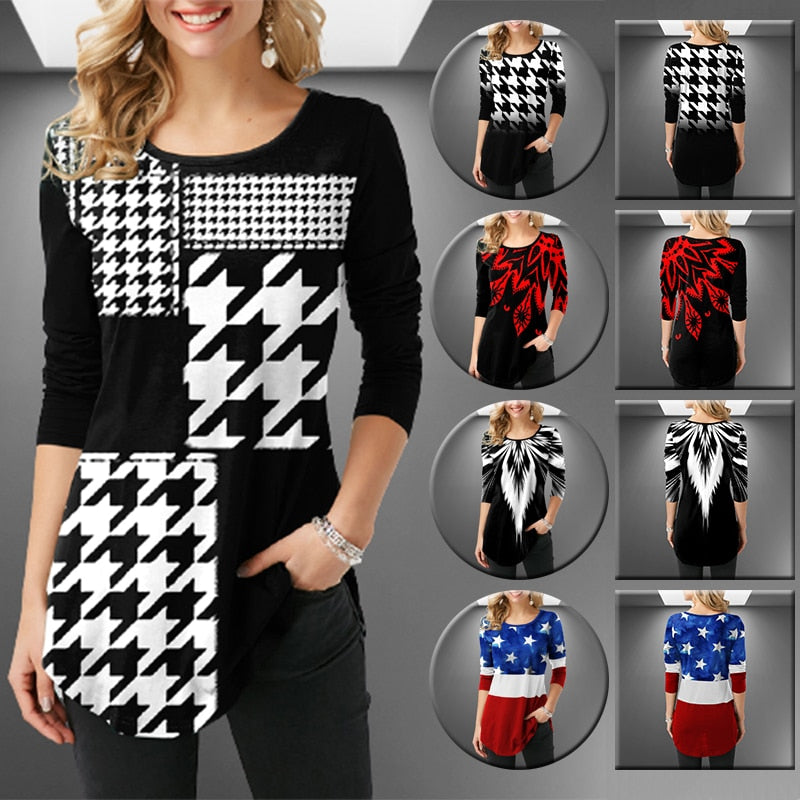 Houndstooth Flags Printing Oversized T-shirt Female Clothing Harajuku Vintage Y2k Tops Women 2021 Long Sleeve Aesthetic Tunic