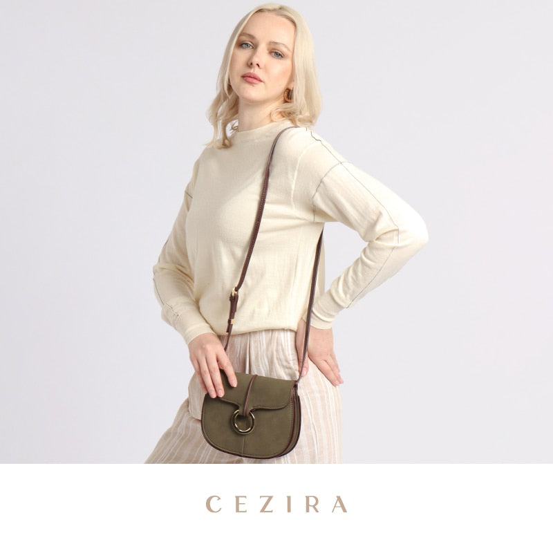 CEZIRA Retro Casual PU Leather Saddle Handbags For Women Luxury Design Flap Messenger Purse Female Small Faux Sued Shoulder Bags