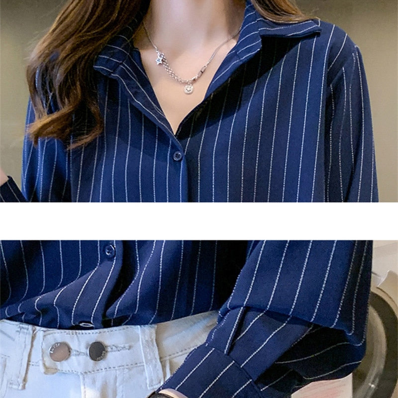 Fashion Woman Blouses 2022 Chiffon Long Sleeve Shirt Tops Woman White Blouse Shirts Striped Top Pretty and Cheap Women&#39;s Blouses