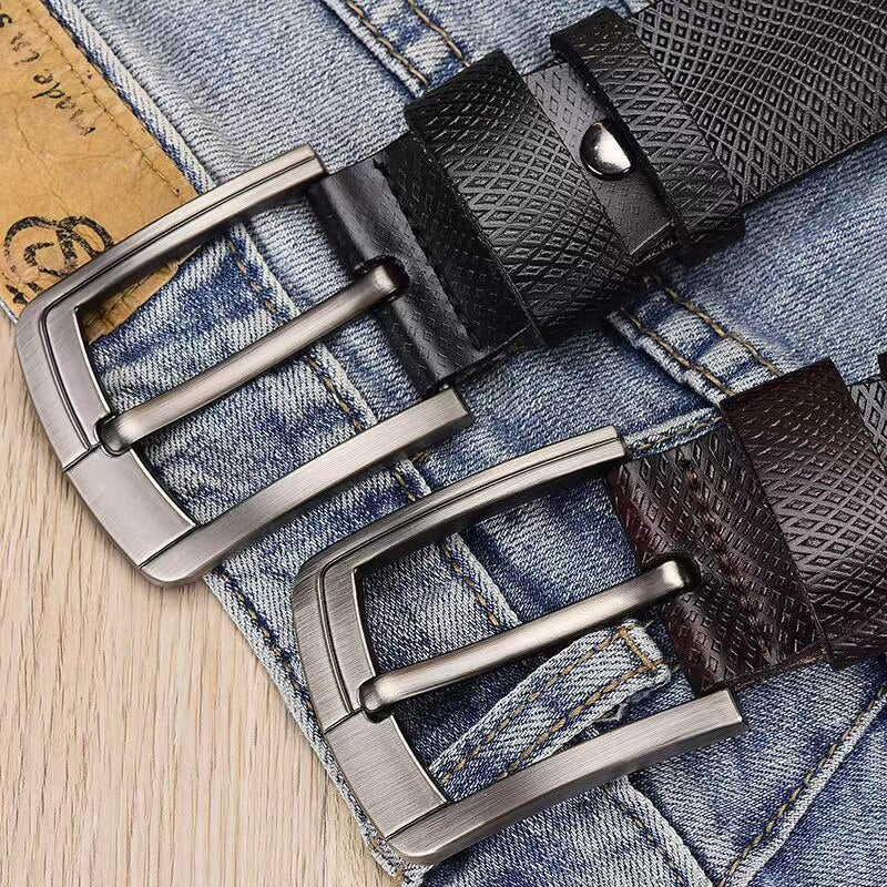 105-125CM Men&#39;s Belt Genuine Leather Vintage Belt Mesh Trend Embossed Pin Buckle Casual Jeans Leather Belt