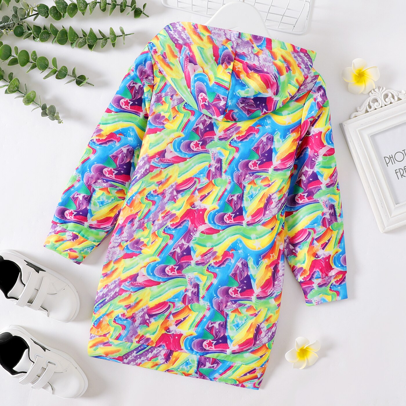PatPat Kid Girl Unicorn Rainbow Print Long-sleeve Hooded Sweatshirt Dress