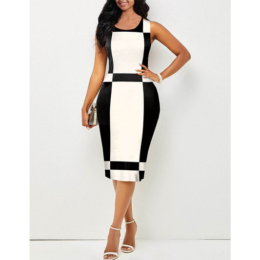 Summer Commute Black White Patchwork Bodycon Dresses For Women 2022 Halter Oversized Midi Vintage Party Tank Sleeveless Dress