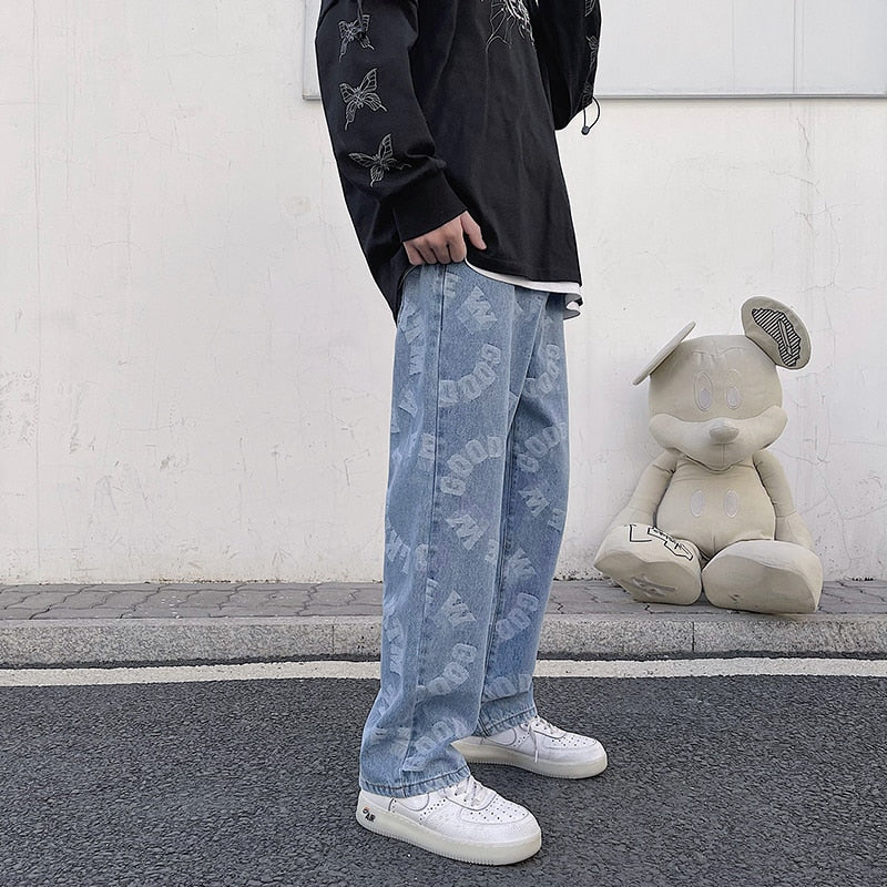 Jacquard Jeans Blue Mens Loose Straight Leg Long Pants Streetwear Baggy Denim Clothing Graphic Streetwear Baggy