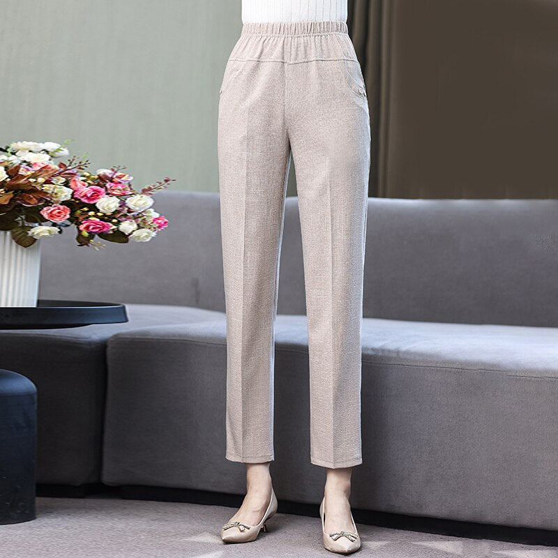 Summer Cotton Linen Pants for Women Bottoms 2023 New Elegant Classic Elastic Waist Harem Pants Woman High Waisted Trousers