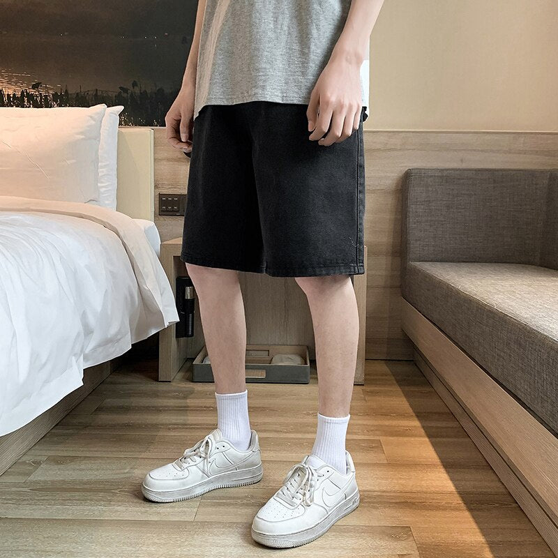 2023 summer new men&#39;s loose casual denim shorts elastic waist drawstring black shorts brand men&#39;s clothing