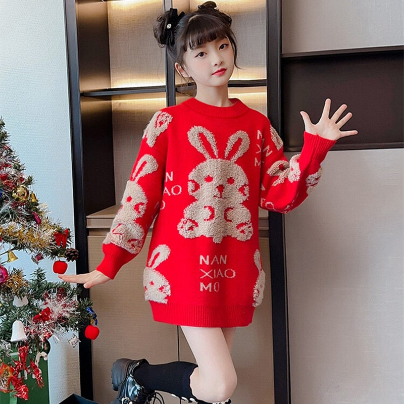 2023 Christmas New Year 110-170cm Family Matching Clothes Outfits Teenages Girls Knitted Rabbit Red Sweater For Mother Daughter