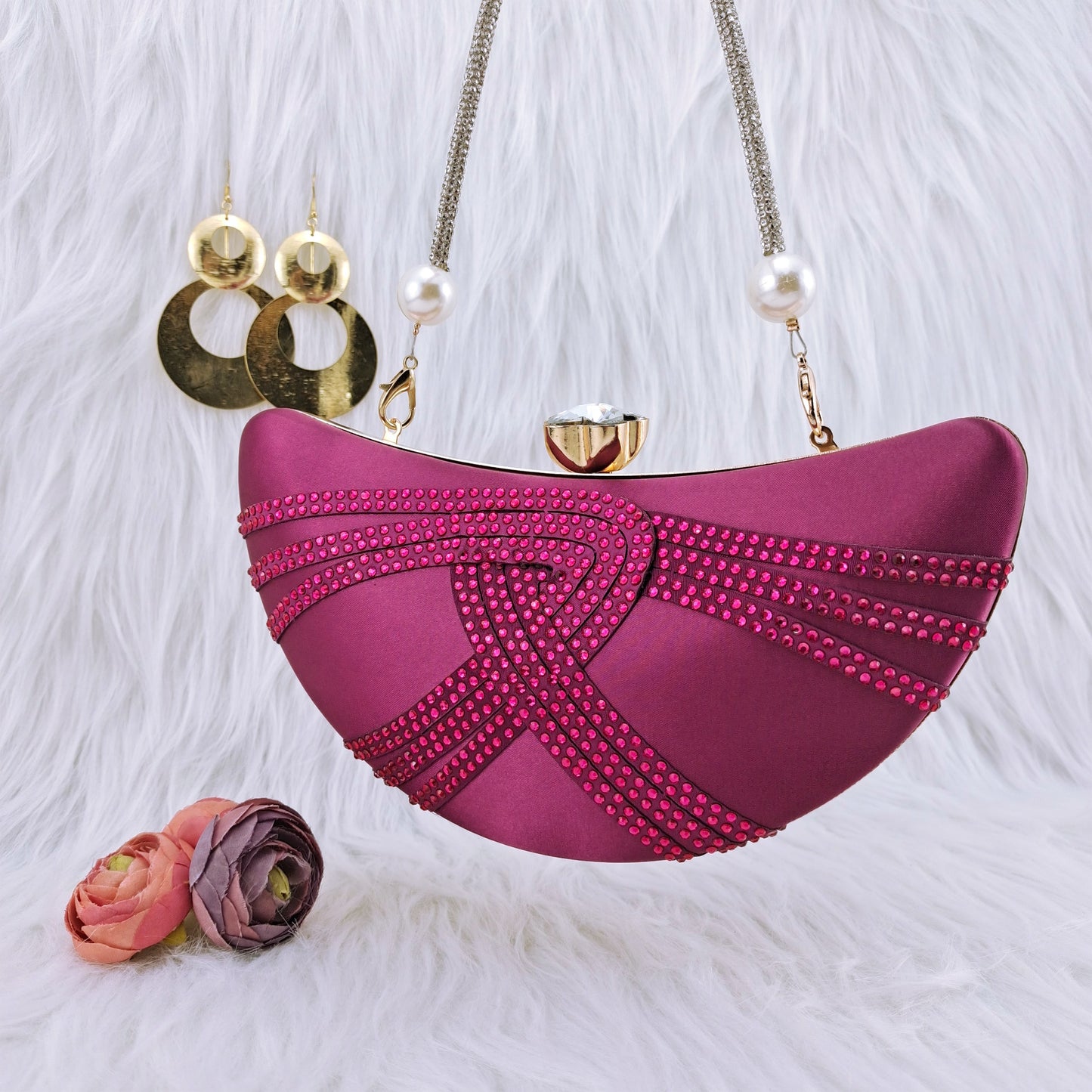 QSGFC New Italian Design Magenta Diamond Belt With The Same Color Cashew Bag Exquisite Banquet Ladies Shoes And Bag