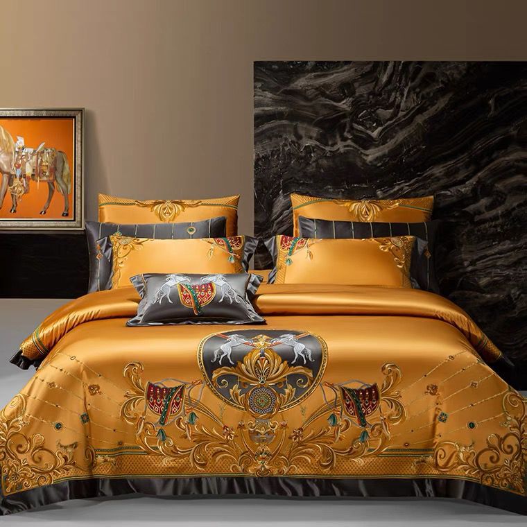 Bedding Set- Golden/Red Luxury Palace Silk Brocade Egyptian Cotton Bedding Set  Chic Embroidered Duvet Cover Bed sheet Bedspread Pillowcases