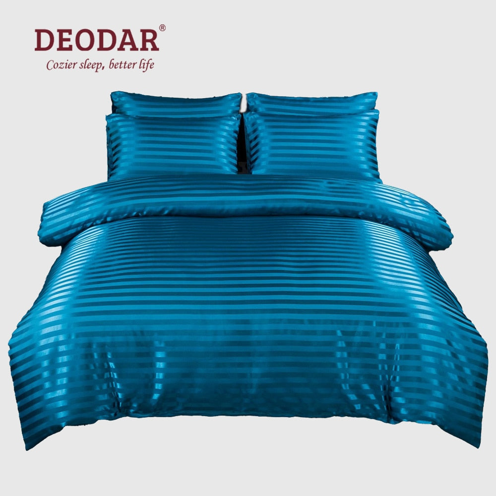 Deodar Nordic Simple Solid Color Pillowcase Jacquard Satin Strip Microfiber Fabric Sheet Set Room Decor Luxury Bedding Sets