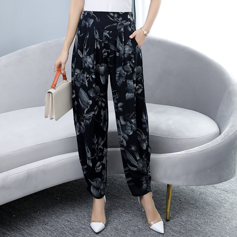 Women Summer Pants 2023 Korean Vintage Striped High Waist Plaid Pants with Print Loose Streetwear Elegant Summer Trousers