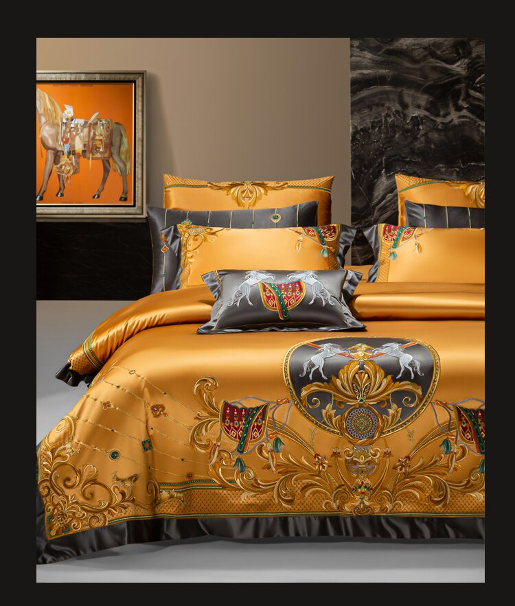 Bedding Set- Golden/Red Luxury Palace Silk Brocade Egyptian Cotton Bedding Set  Chic Embroidered Duvet Cover Bed sheet Bedspread Pillowcases