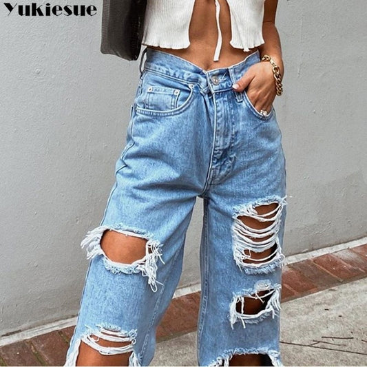 Sexy Boyfriend Ripped Jeans woman Bagge Women Holes Destroyed Broken Pants Vintage Female Denim Trousers Distressed Designer