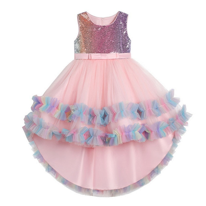 2022 Europe Summer Party Princess Dress Girl Sleeveless Patchwork High Low Girl Dresses Piano Host Birthday Wedding Flower E1803