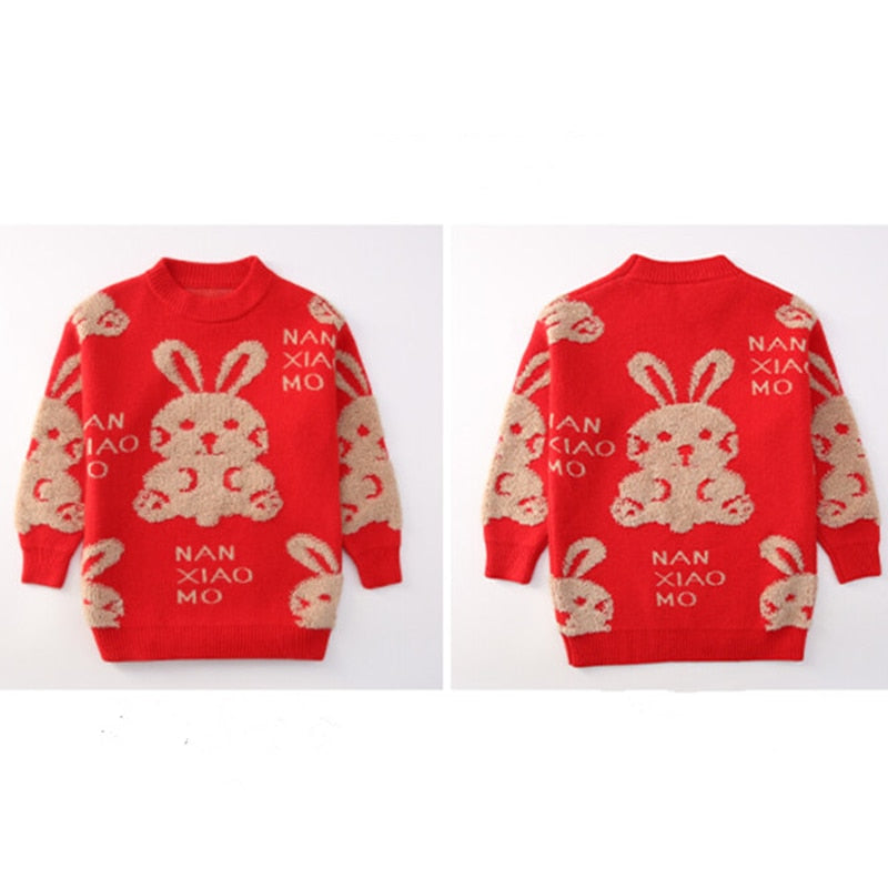 2023 Christmas New Year 110-170cm Family Matching Clothes Outfits Teenages Girls Knitted Rabbit Red Sweater For Mother Daughter