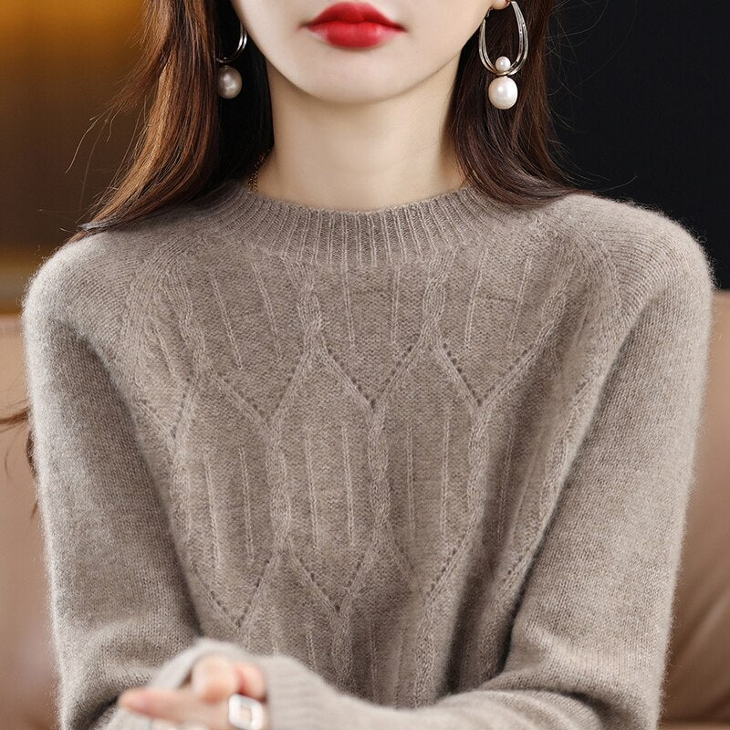 2022 New Knitted Pure Woolen Shirt Round Neck One Line Readymade Garment Hollow Out Loose Slouchy Style Slim Sweater Girl