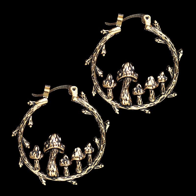 Ancient gold Color Tree Branch Hoop Earrings Carved Ancient Metal Mushroom Tribal Drop Dangle Earrings for Women Jewelry
