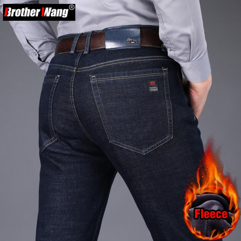 2022 Winter New Men&#39;s Fleece Warm Jeans Classic Style Business Casual Thicken Regular Fit Denim Pants Black Blue Brand Trousers