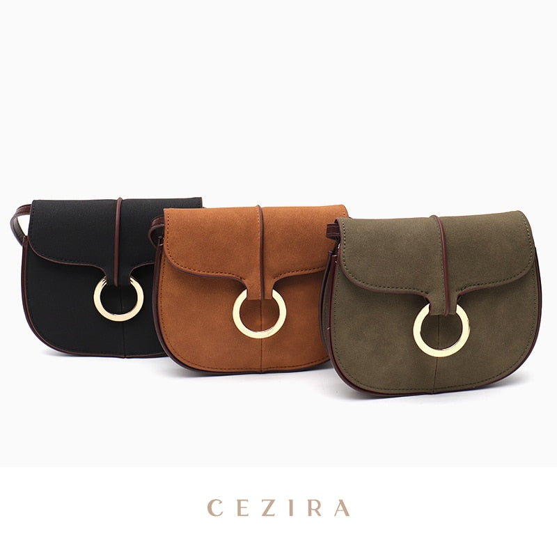 CEZIRA Retro Casual PU Leather Saddle Handbags For Women Luxury Design Flap Messenger Purse Female Small Faux Sued Shoulder Bags