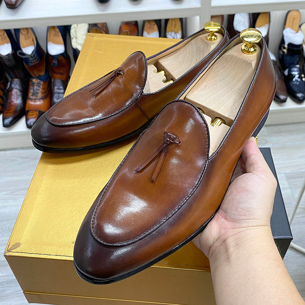 Classic Italian Style Mens Tassel Loafer Calf Genuine Leather Handcrafted Slip-on Wedding Dress Shoes Party Formal Shoe for Men