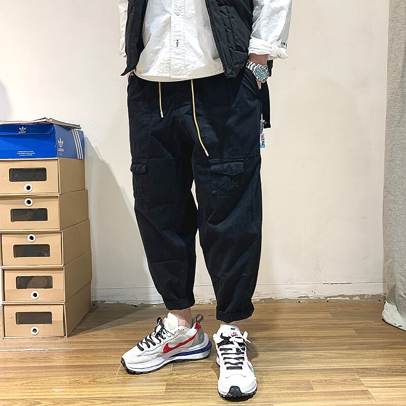 Korean Style Streetwear Loose Fashion Harem Pants Hip Hop Baggy Cropped Pants Men Clothing Harajuku Casual Cargo Joggers Male