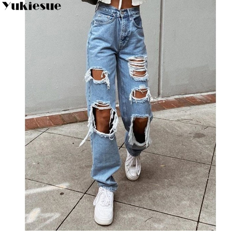 Sexy Boyfriend Ripped Jeans woman Bagge Women Holes Destroyed Broken Pants Vintage Female Denim Trousers Distressed Designer