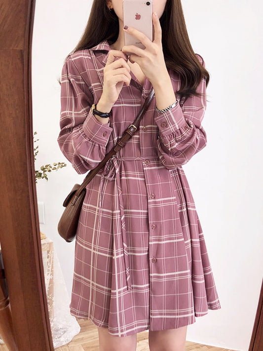 2019 Spring Summer Basic Dresses Hot Women Fashion Long Sleeve Cute Preppy Style Red Plaid Shirt Dress Bow Tie Vintage Dress