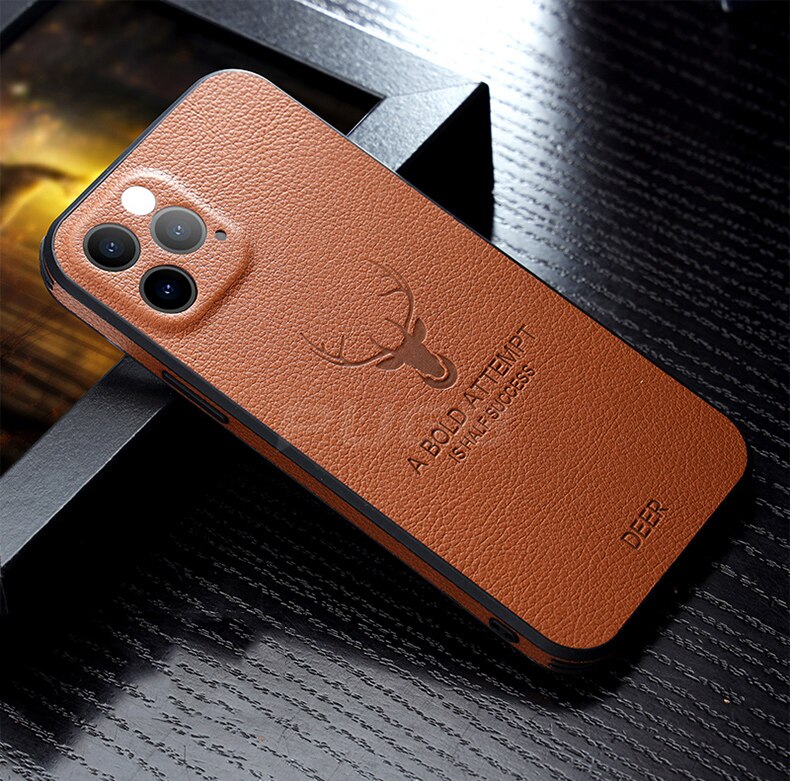 Luxury Leather Texture Square Frame Case For iPhone 11 12 13 14 Pro Max Mini X XR XS Deer Lens Protection Shockproof Hard Cover