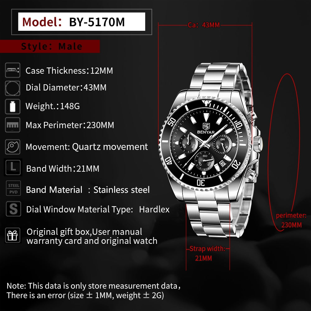 BENYAR Sports Men Quartz Wrist Watch 43MM Luxury Chronograph 30M Waterproof Military Watch Top Brand Men Clock reloj hombre