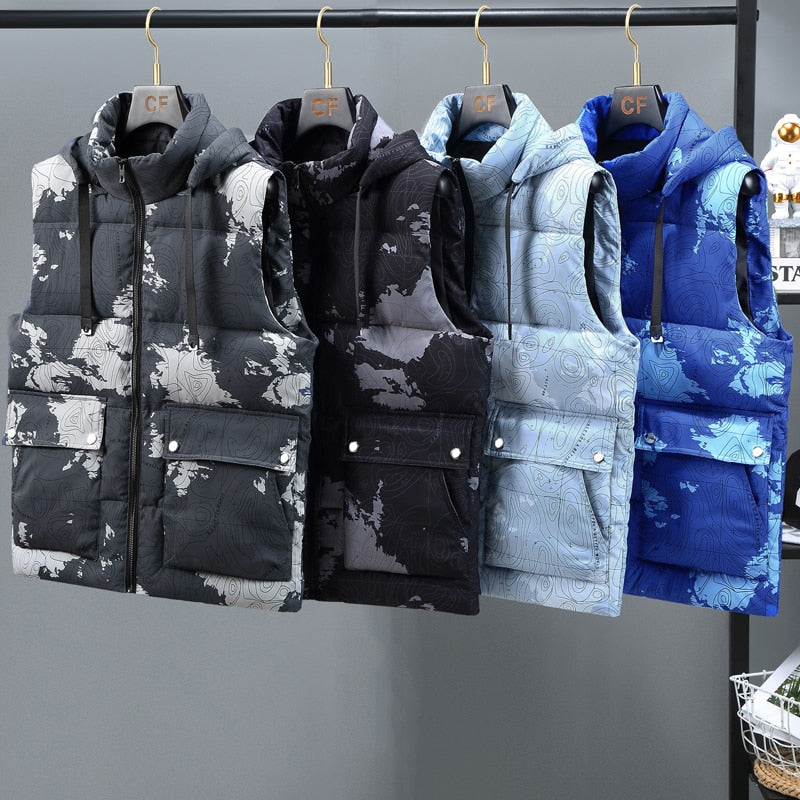 Plus Size S-8XL 2022 Autumn Winter Thick Sleeveless Jackets For Men Camouflage Warm Cotton Vest Hooded Casual Oversize Waistcoat