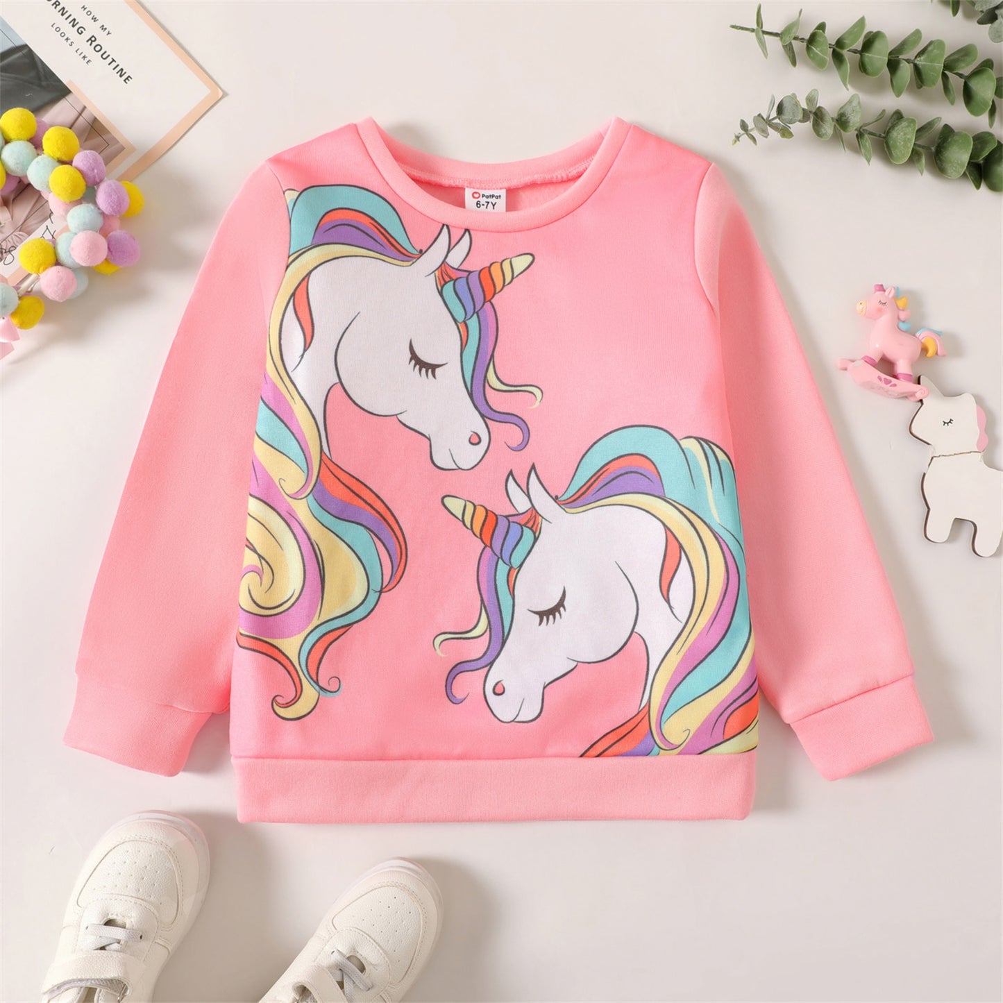 PatPat Kid Girl Unicorn Print Fleece Lined Pink Pullover Sweatshirt