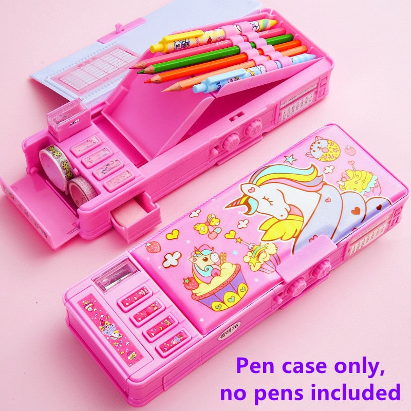 Mechanical deformation combination lock stationery box girl cute pencil case school student pencil box Cartoon plastic pen case