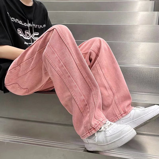 Street Vibe Style Jeans Men&#39;s Loose Straight Pants Trendy Brand American Baggy Wide-leg Pants Pink Jeans Spring and Autumn