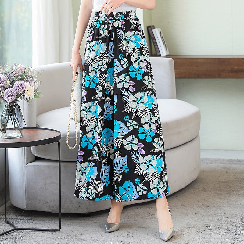 Summer Wide Leg Pants Women Loose High Waist Beach Ankle-Length Trousers Summer Casual Retro Print Plaid Pants