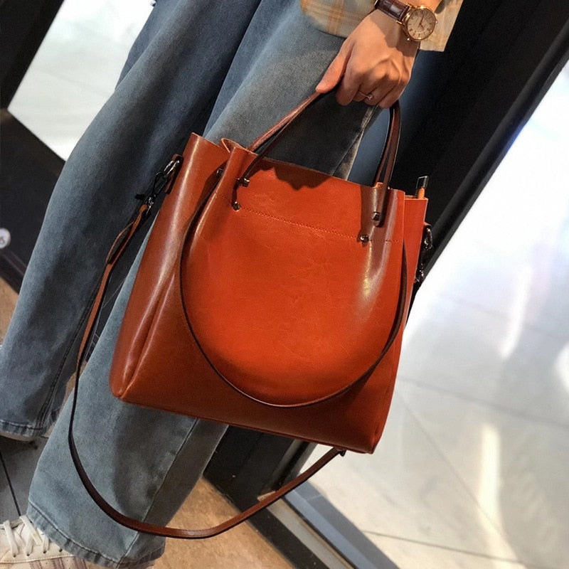 One-shoulder Large Casual Tote Fashion Messenger Cowhide Leather Women&#39;s Bag Large-capacity Ladies Handbag Bucket High Quality