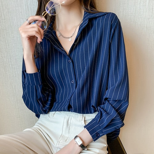 Fashion Woman Blouses 2022 Chiffon Long Sleeve Shirt Tops Woman White Blouse Shirts Striped Top Pretty and Cheap Women&#39;s Blouses