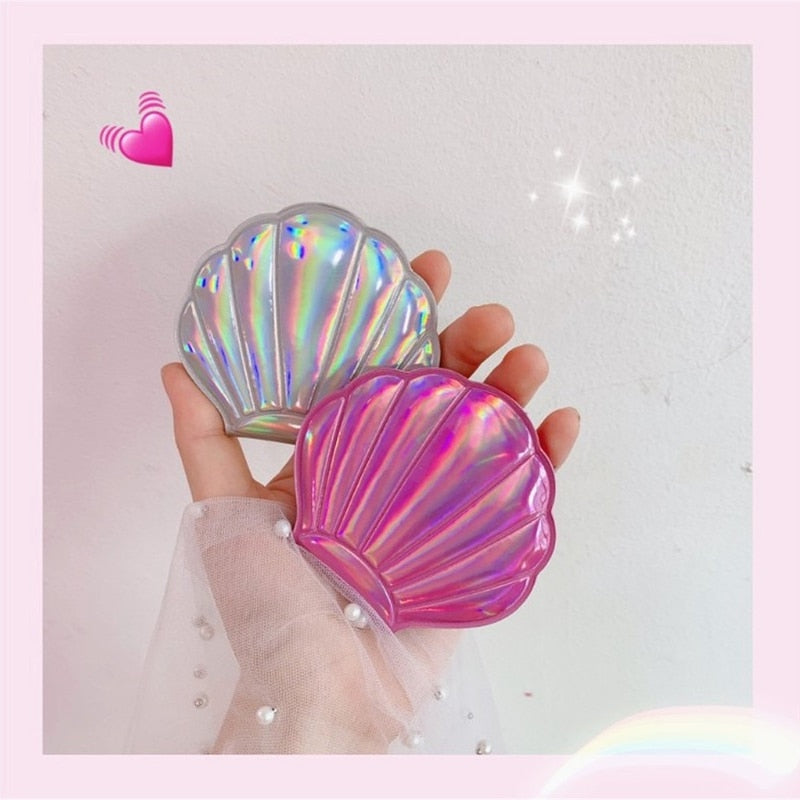 Dream Laser Color Shell Shape Makeup Mirror 2X Magnifying Mirror Portable Double-sided Folding Pocket Kawaii Makeup Accessories