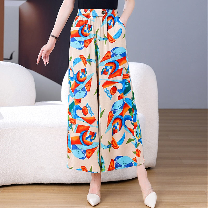 Summer Wide Leg Pants Women Loose High Waist Beach Ankle-Length Trousers Summer Casual Retro Print Plaid Pants