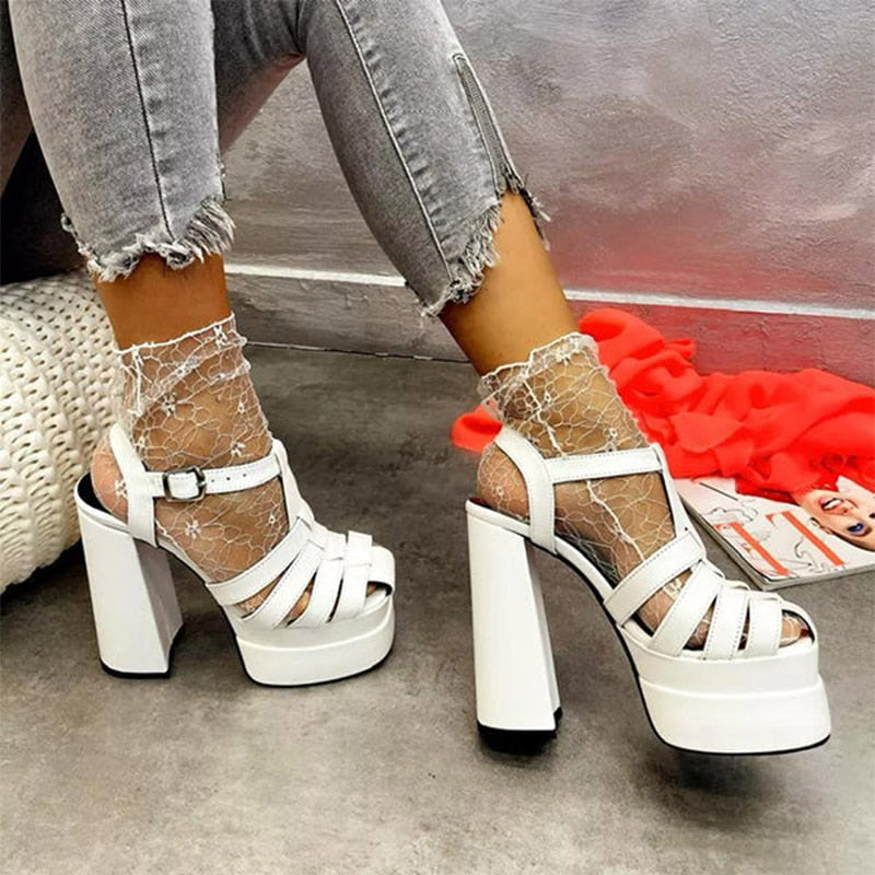 Women Sandals Solid High Heels Buckle Ankle Strap Ladies Shoes Thick Heels Platform Fashion Summer Female Pumps 2022 New Sandals