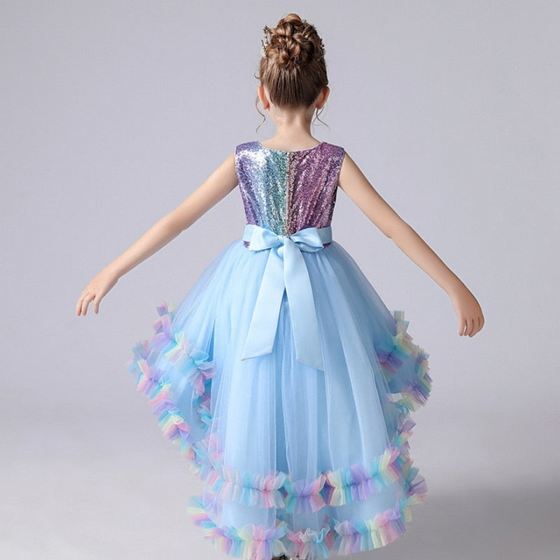 2022 Europe Summer Party Princess Dress Girl Sleeveless Patchwork High Low Girl Dresses Piano Host Birthday Wedding Flower E1803