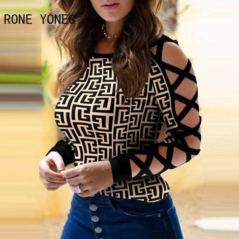 Women Chic Geo Print Fashion Long Sleeves Criss Cross Hollow Out Basic Skinny Blouse Tops