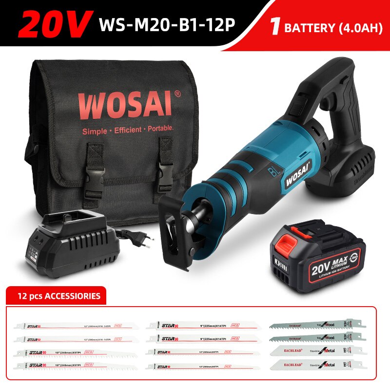 WOSAI 20V Electric Reciprocating Saw Adjustable Three Orientations Modes Cutting Brushless Saw Portable Cordless Power Tools