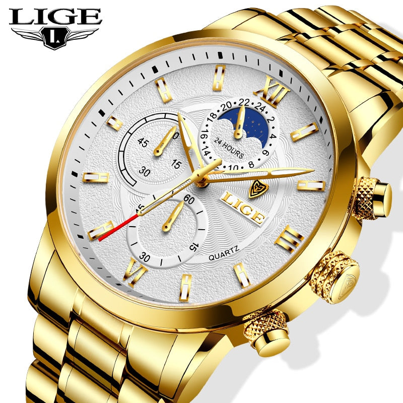 2023 LIGE Business Gold Watch For Men Luxury Original Waterproof Stainless Steel Golden Male Wristwatches Relogio Masculino 2022