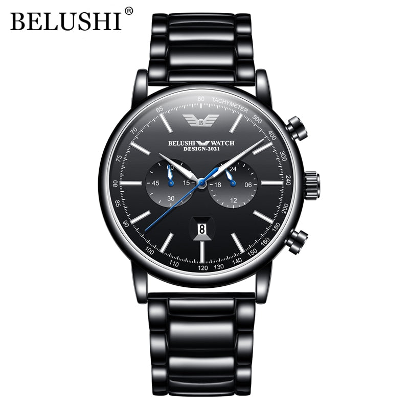 BELUSHI Mens Watches Stainless Steel Chronograph Waterproof Luxury Brand Top Quartz Military Watch for Men Army Sport Wristwatch